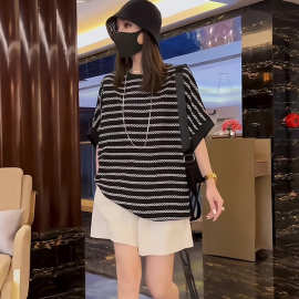 韩版新款条纹短袖T恤夏季胖mm大码女装小众显瘦减龄上衣WX5005