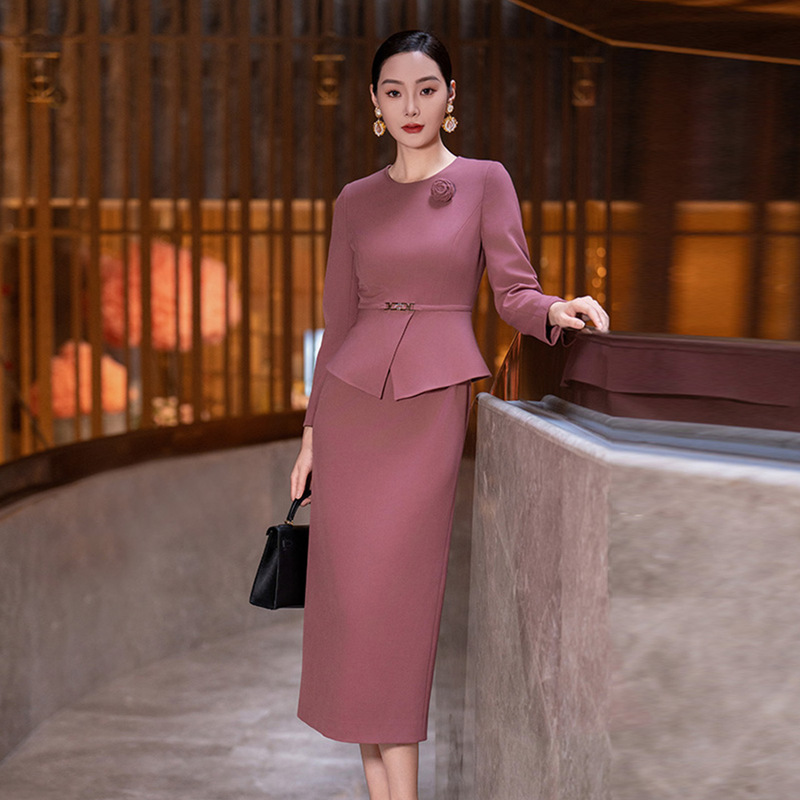 粉色连衣裙女2025秋季新款气质时尚减龄修身显瘦假两件长袖直筒裙|undefined
