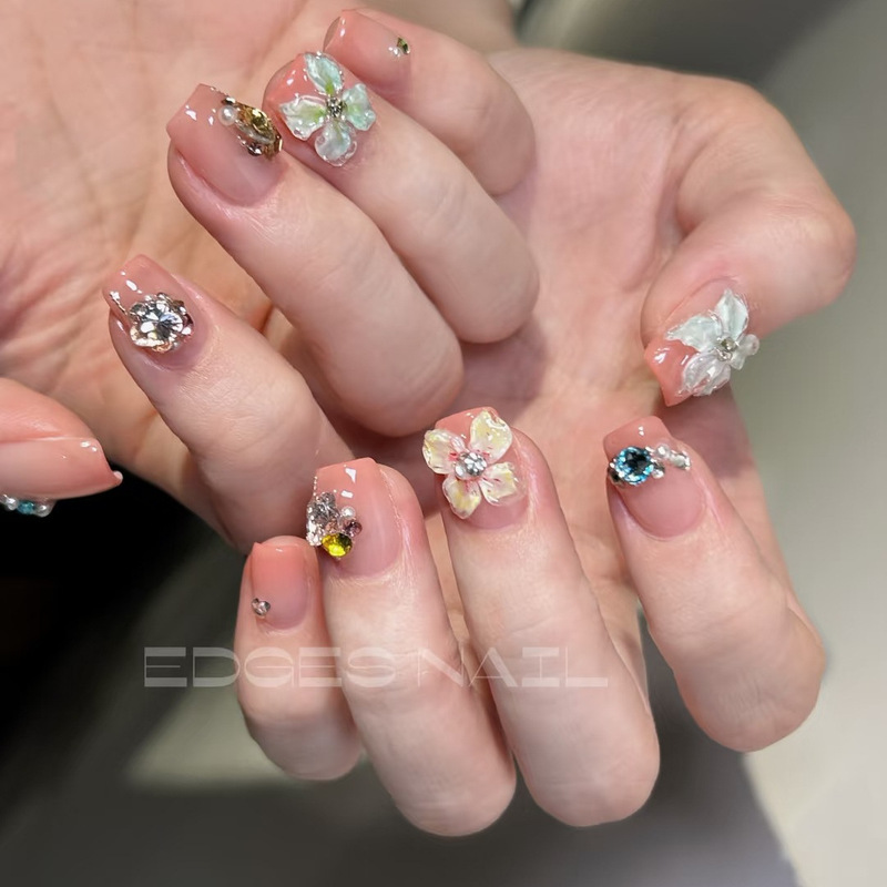 Xinhe [Blue Sea Ice Flower] Purely Handmade Wearable Nails with High-End Stereo Carved Sparkling Zircon Diamond Nails