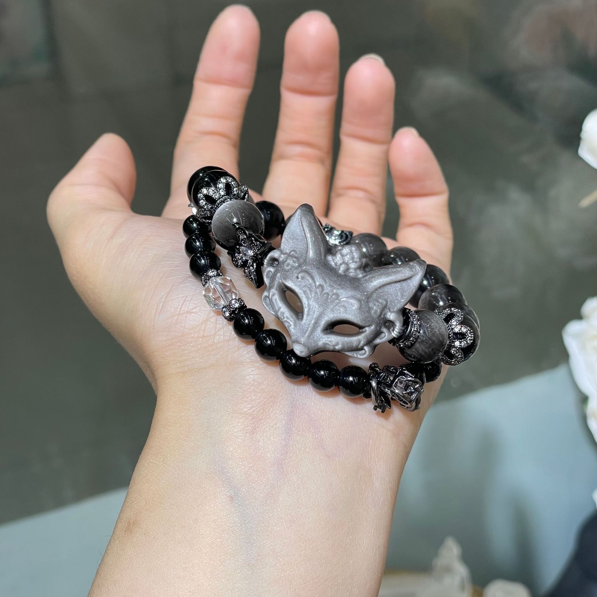 Natural Obsidian Double-loop Bracelet With Silver Fox For Women_voghion.com