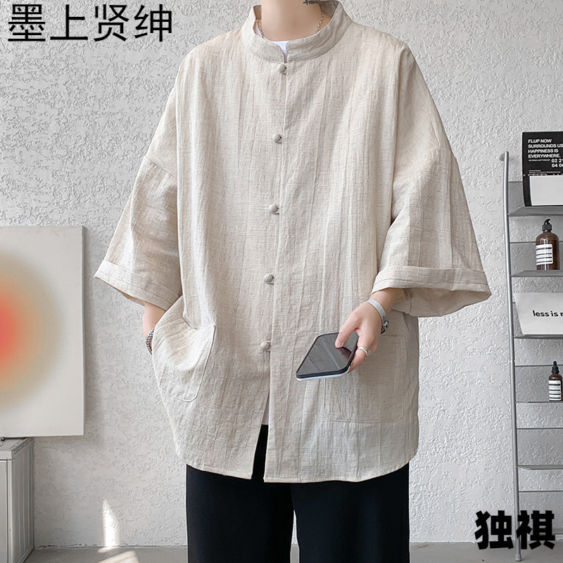 Camisa de manga de cinco puntos retro japonesa para hombre estilo fino de verano más fertilizante de talla grande nueva camisa de manga corta de algodón y lino de moda nacional de estilo chino