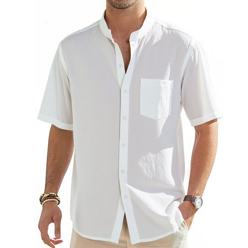 Cross-border Foreign Trade Thin Men's Shirt Short-sleeved Shirt Half-sleeved Cotton and Linen Shirt Collar Casual Cardigan with Pocket for Men