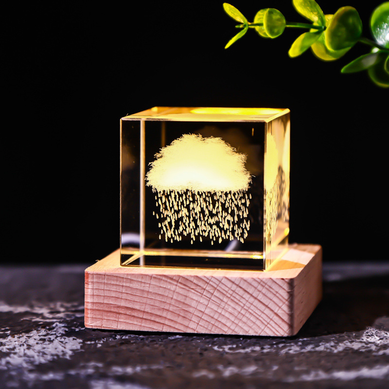 Cubo de cristal decoración interruptor de luz cálida base de madera talla interior Luna Sistema Solar Galaxy decoración de escritorio regalo de niña