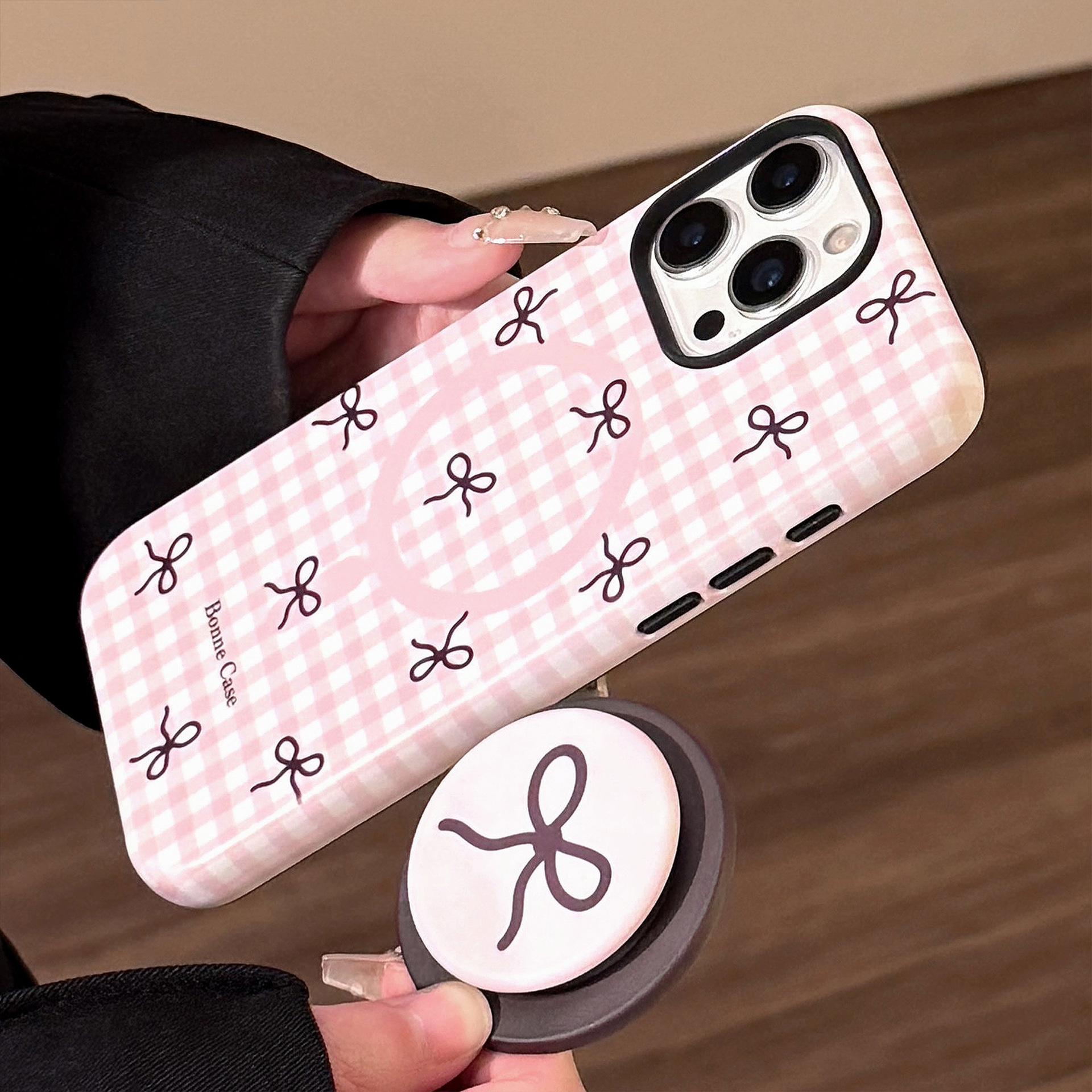 Magnetic Phone Case With Kickstand Plaid Bow Pattern For Iphone_voghion.com
