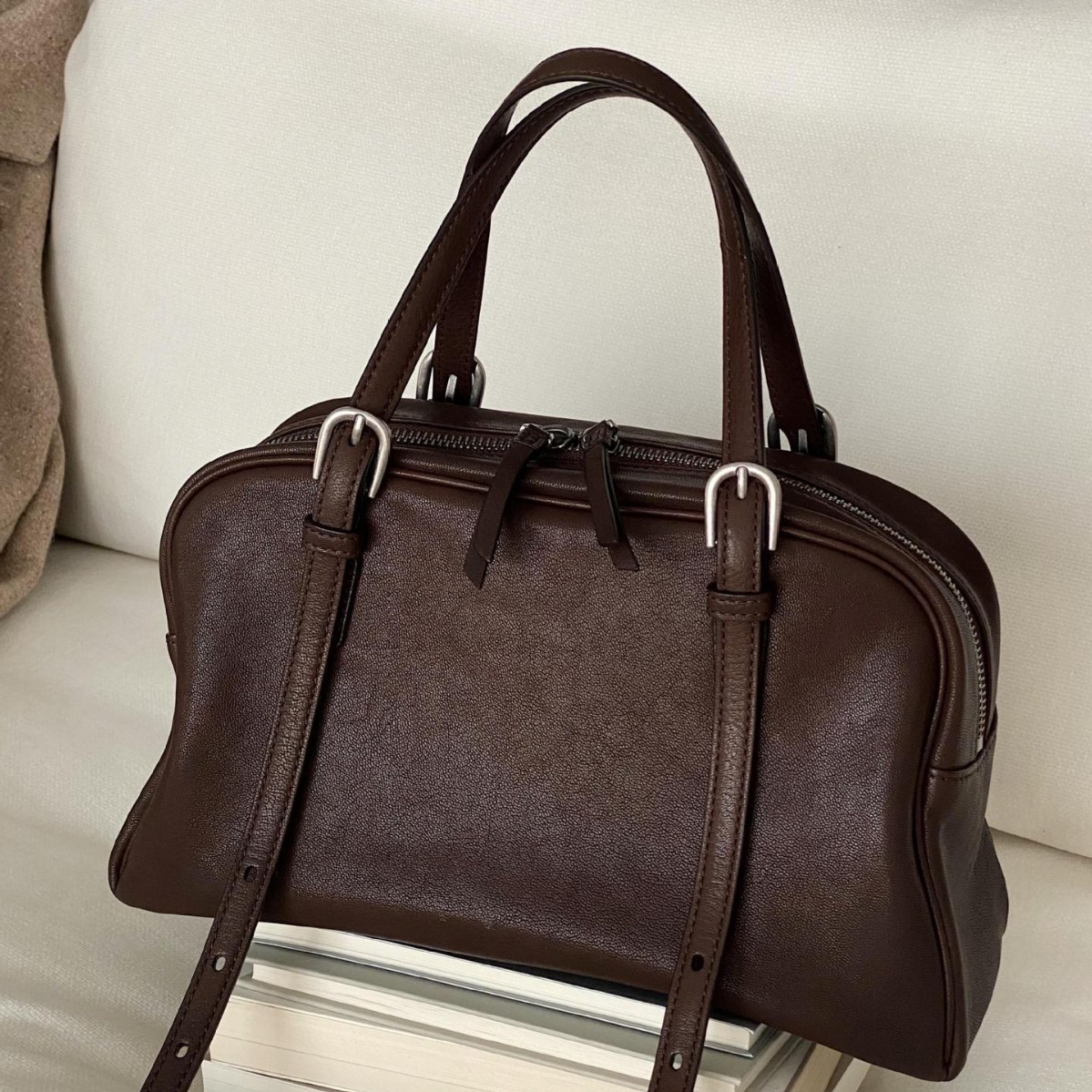 Celebrity Style Vegetable-Tanned Cowhide & Sheepskin Bowling Bag - Niche Retro Genuine Leather Large Capacity Commuter Bag For Women - Thumbnail 2