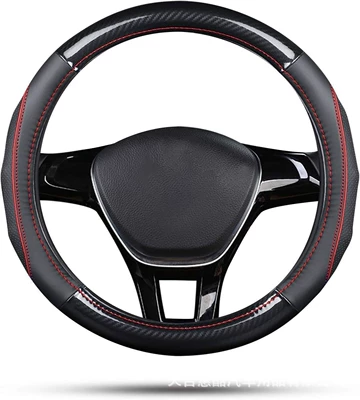 Steering wheel cover: foreign trade explosion steering wheel - o-type-microfiber-leather-black-with-red-edge-38cm
