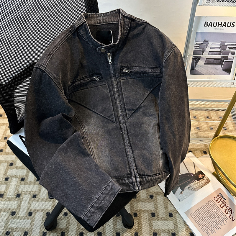 Small Niche Deconstructive Design Denim Jacket met schoudervullingen, vintage gewassen kort jasje voor heren_voghion.com