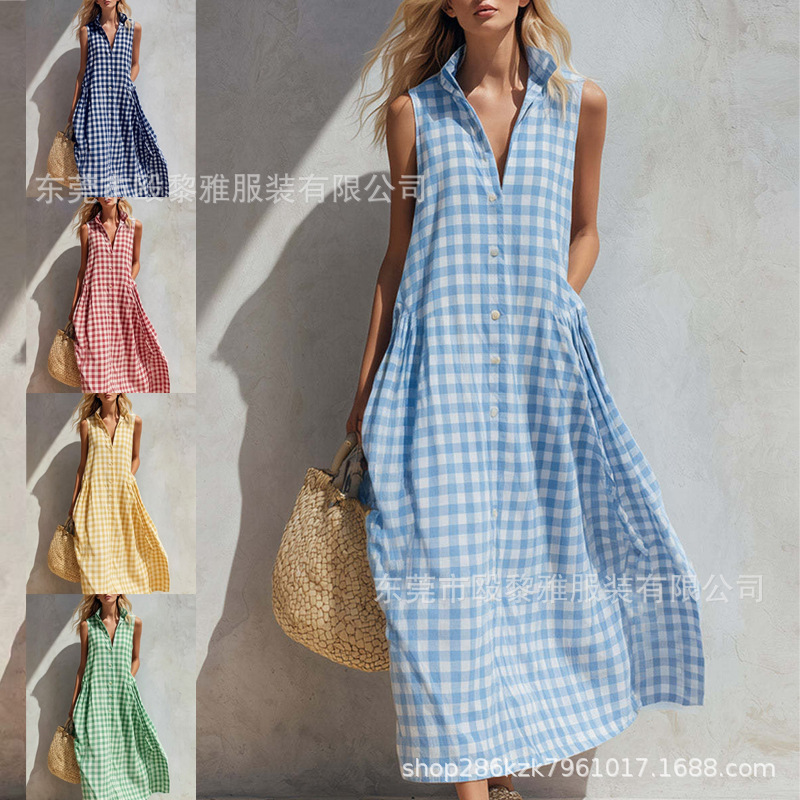 2026 New Amazon Summer V-Neck Plaid Loose Long Dress Seaside Vacation Style Plaid Long Dress