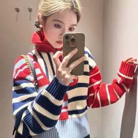 不规则撞色条纹半拉链长袖针织衫秋季新款小众设计短款毛衣女