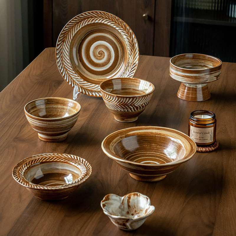 Rustic Pottery Tableware, Retro Ceramic Plates, Household Bowl and Plate Set, High-End Round Rice Bowls, Soup Bowls, Wholesale Plates, Dinner Plates