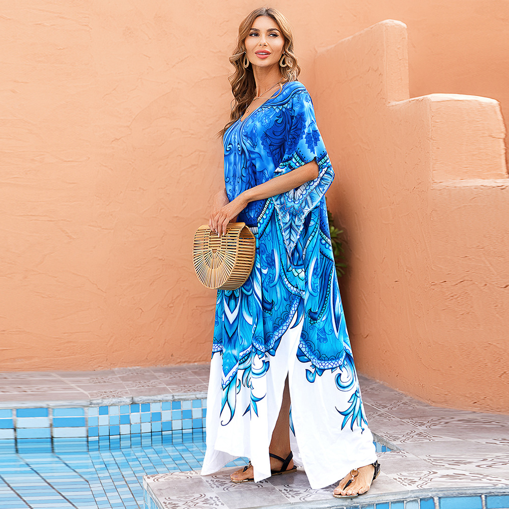 Blusa de playa de secado rápido azul y blanco posicionamiento de impresión túnica falda de playa bikini blusa falda de vacaciones transfronteriza 5D29