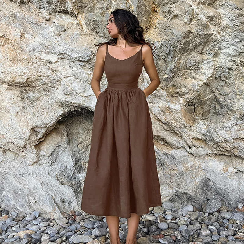 Summer Sexy Pure Desire Style Khaki Cotton and Linen Suspender Skirt Vacation Tie High-Waisted Dress Mid-Length Women's Clothing