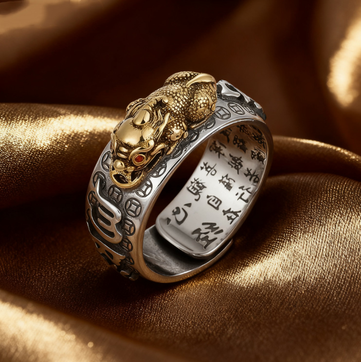 Vintage Silver Pixiu Ruby Ring for Men, Heart Sutra Copper Coin Fortune Transfer Open Ring, Adjustable Domineering Men's Ring Direct from Manufacturer