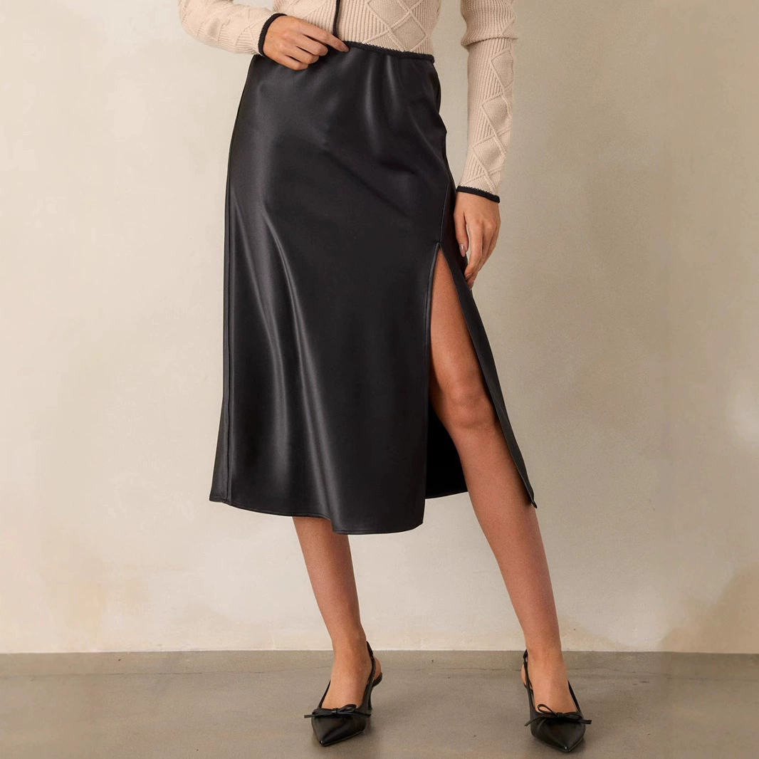 Amazon трансграничная женская новая атласная юбка с высокой талией эластичная наклонная юбка с открытой вилкой