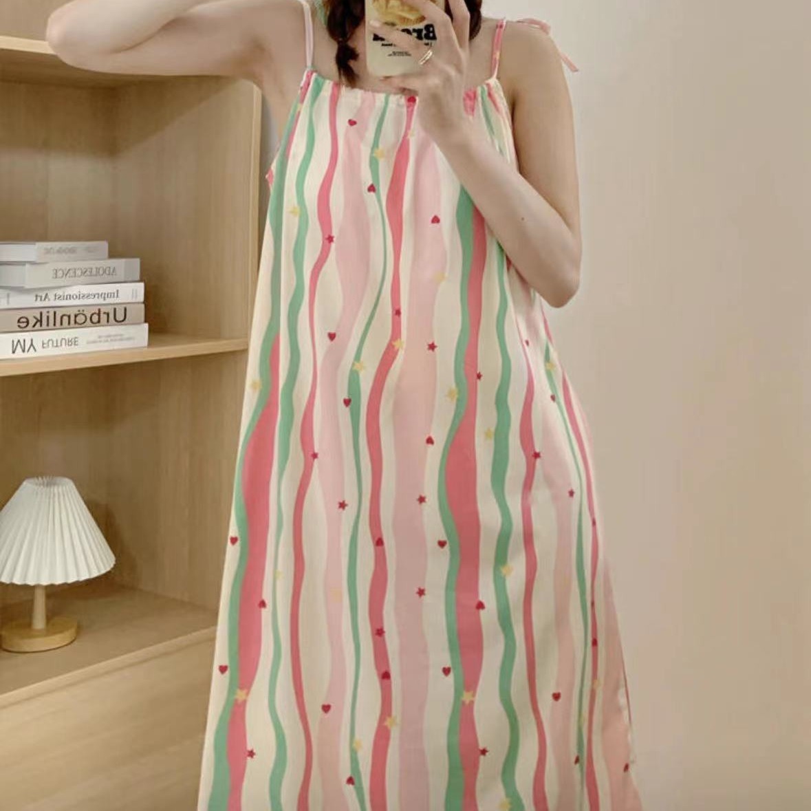 Verano nuevo vestido de dormir de mujer falda media estofado de pecho arco iris de dopamina línea dulce simple vestido casero casual al por mayor