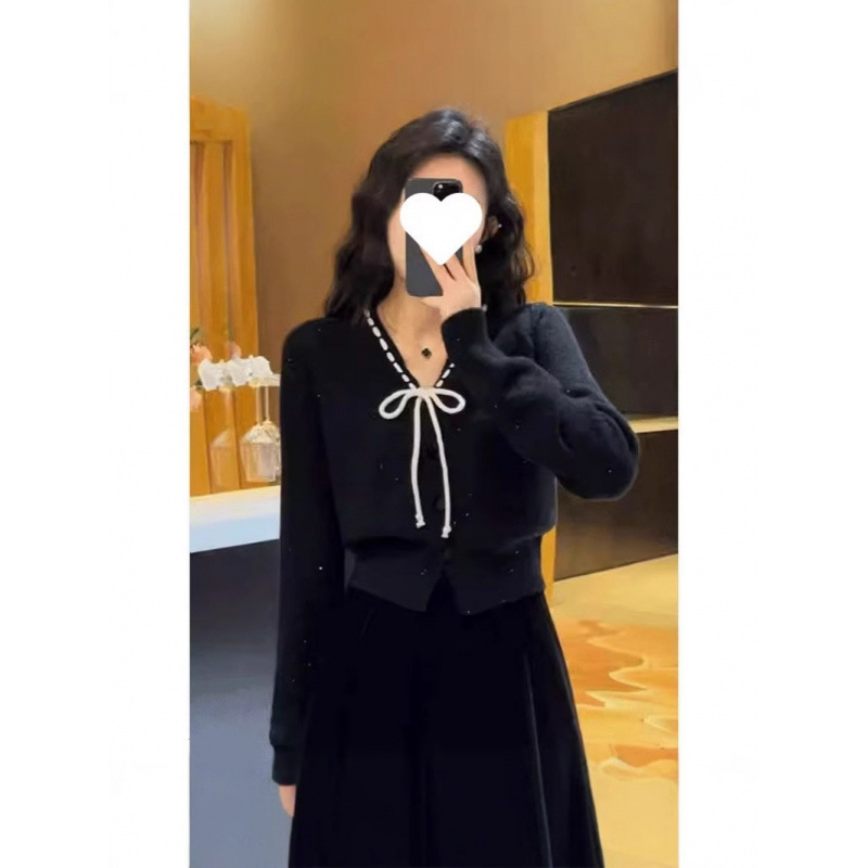 KANING小香风蝴蝶结灰色针织开衫2025秋季新款穿搭短款毛衣上衣女|undefined