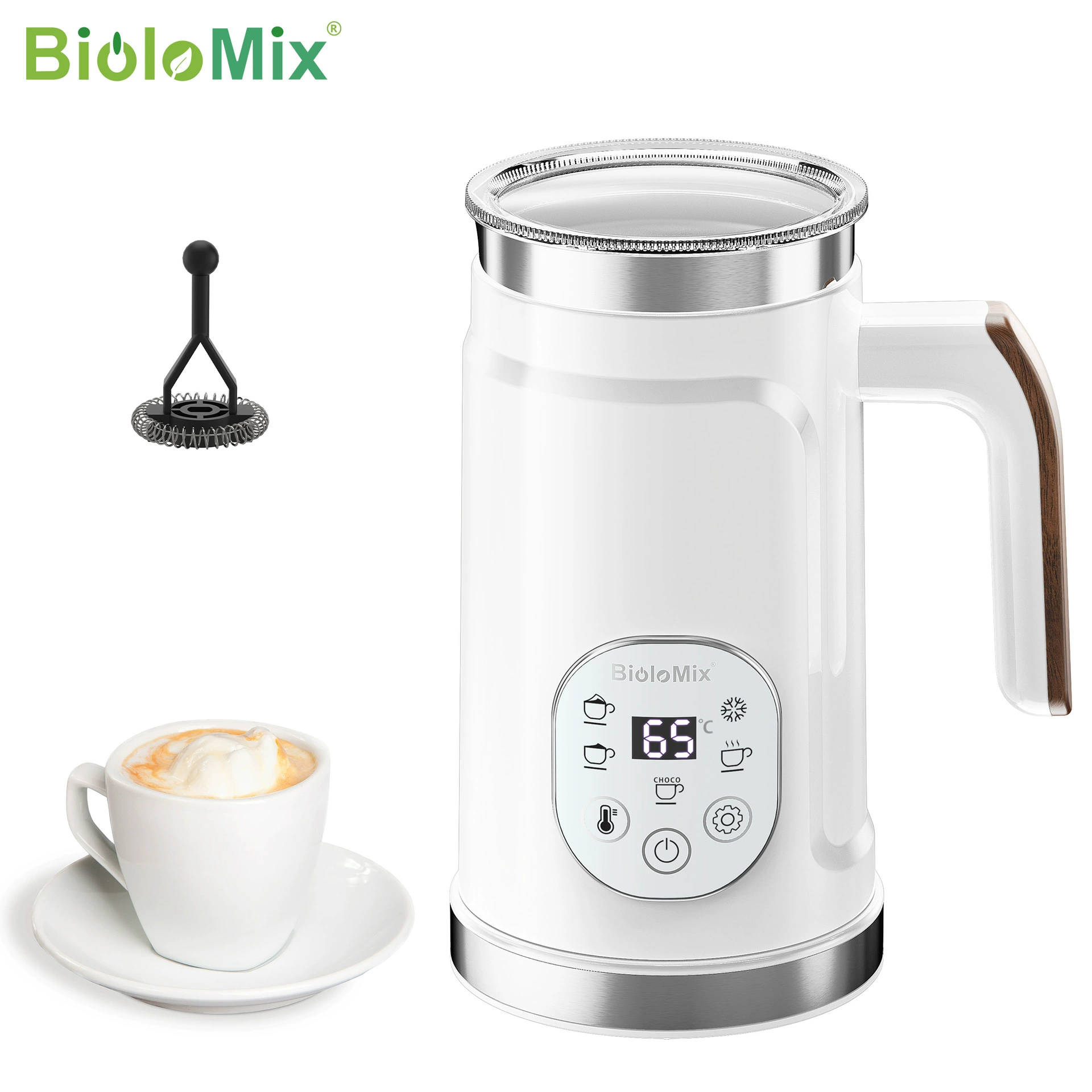 Электрическая взбивалка для молока (BioloMix), цифровой сенсорный ЖК-д экран, 5‑в‑1, 500 Вт, 130/300 мл