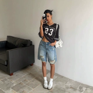 OZON欧美街头女牛仔裤破洞毛须设计宽松显瘦复古水洗阔腿五分短裤