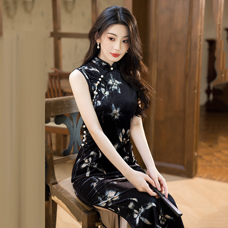 黑色丝绒国风中式长款秋季无袖旗袍改良年轻款女复古修身收腰春秋|undefined