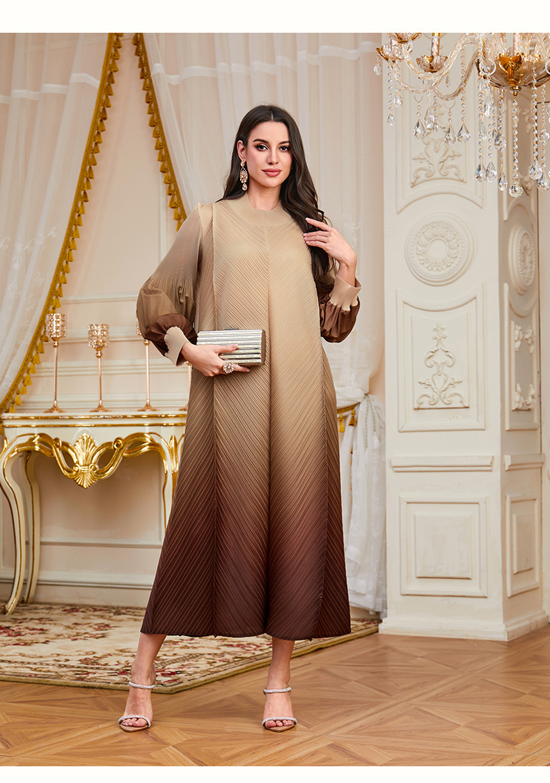 Foreign Trade Middle Eastern Women's Clothing Dubai Pleated Robe Elegant High-End Gradient Color Puff Sleeve Long Loose_ecoleips.com