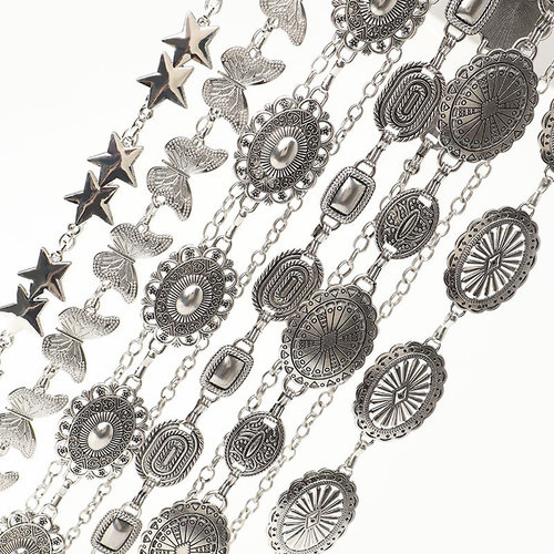 Engraved Pure Silver Five-Star Waist Chain for Women, Vintage Bohemian Style Decorative Belt to Match Dresses, Metal Butterfly Belt for Women