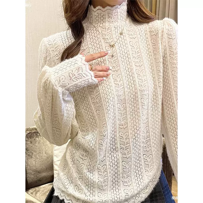 Женская рубашка с матовым кружевным основанием во французском стиле с полувысоким воротником, 2024, шикарная верхняя одежда для похудения, топ