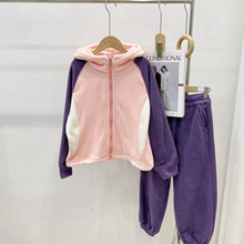 101907 【中大童粉紫色摇粒绒拼接撞色套装】外贸童装一件代发！