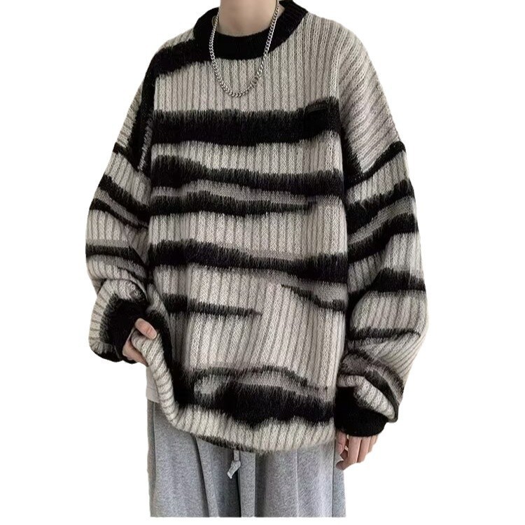 (2개) 가을과 겨울 라운드 넥 스웨터 남성용 아메리칸 스타일 트렌디 브랜드 대비 컬러 스트라이프 플러시 게으른 스타일 느슨한 간단한 니트 스웨터 재킷