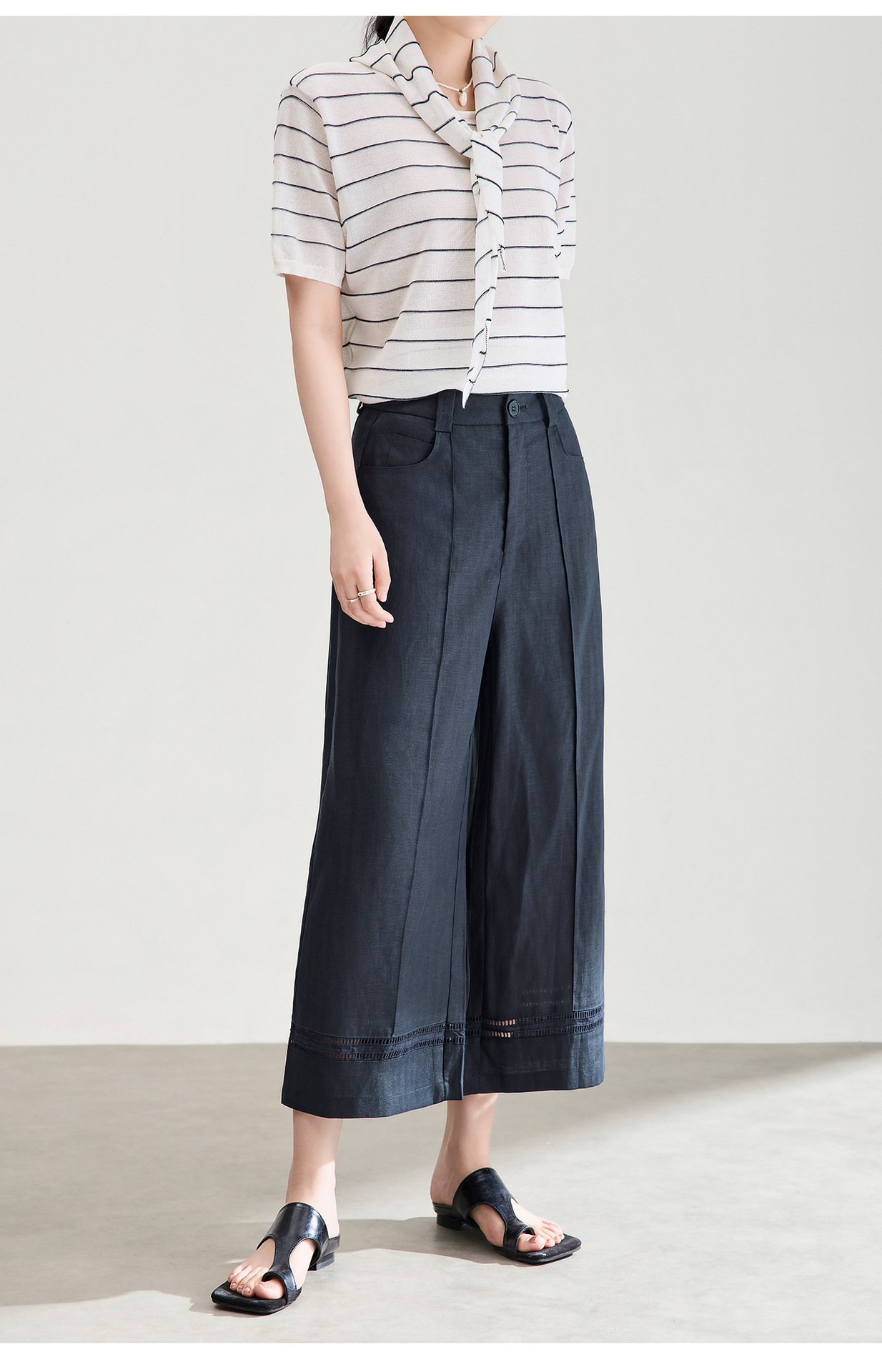 Quần culottes nữ ống rộng dáng dài 9 phần, chất liệu sợi gai dầu mỏng nhẹ mùa hè — màu xanh navy chi tiết 24