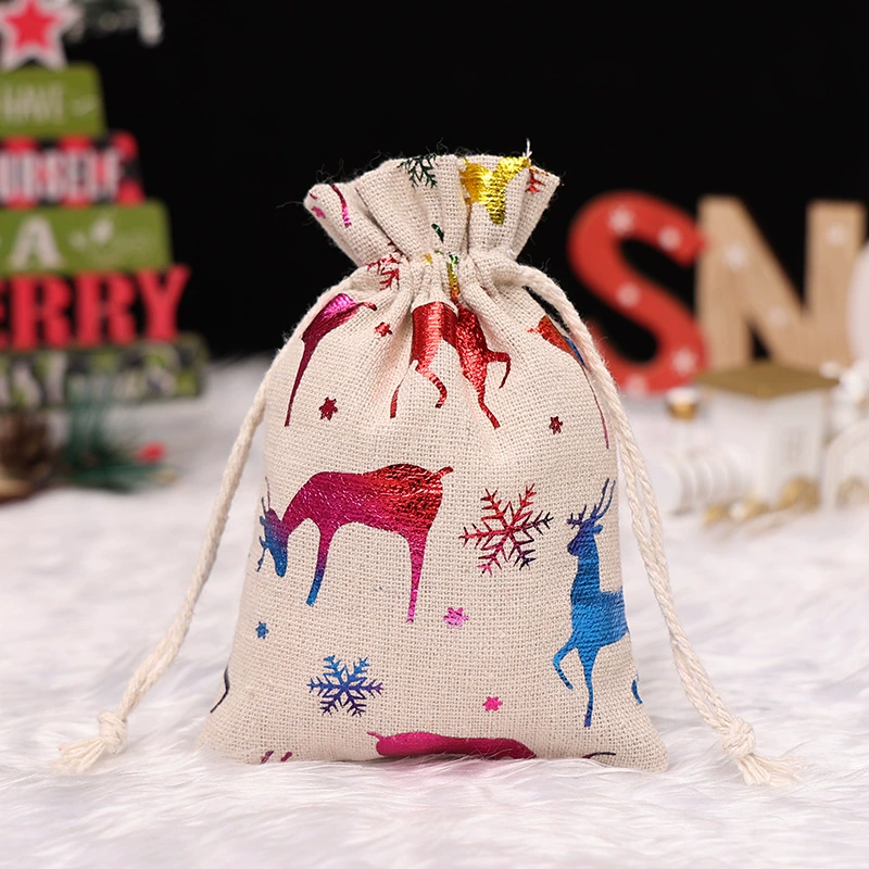 Сумка- gift с завязками из хлопка и льна, размеры 10×14 см и 13×18 см, праздничные принты к Рождеству