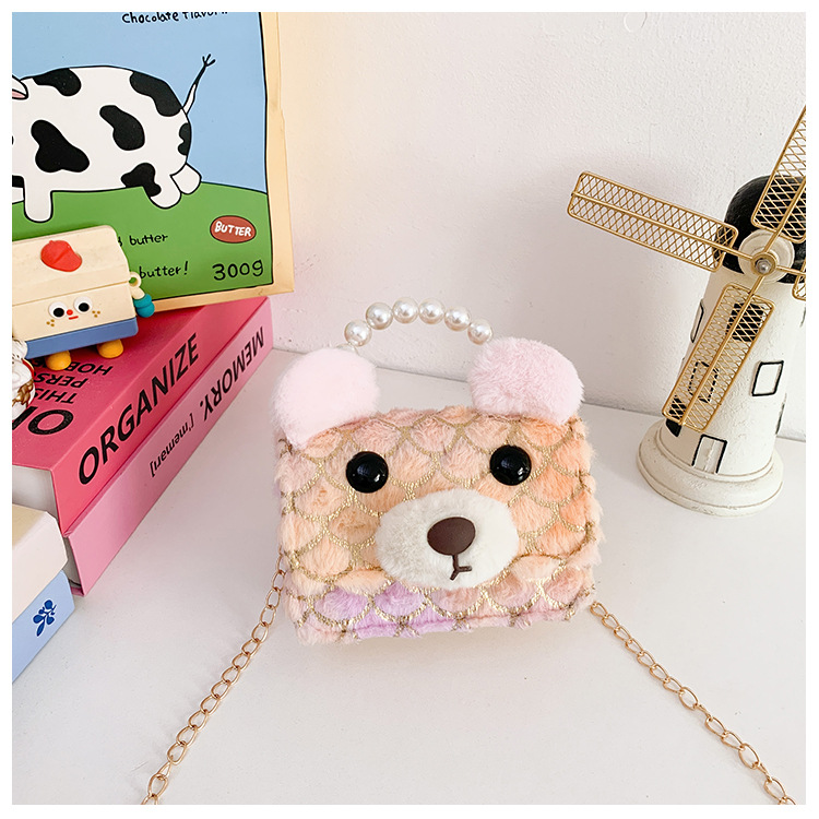 Bolsas de niños transfronterizas otoño y invierno nuevos lindos bolsos de peluche de perlas mini princesa bolsos de cadena de colores