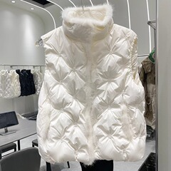 跨境秋冬新款白鸭绒羽绒服马甲女短款水貂毛外穿立领时尚马夹外套