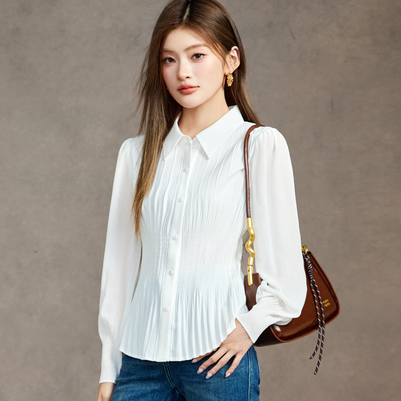 2025 New Autum Long-Sleeved Pleated Chiffon Shirt Women's Tops Slim Tops Women's Shirts 2188