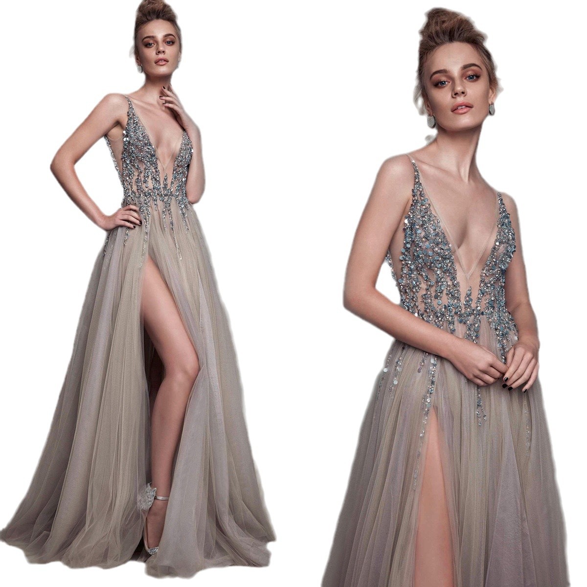 2024 Europa y los Estados Unidos Amazon AliExpress Wish vestido de noche de mujer sexy V-collar de malla de sequillas vestido de noche largo image 3