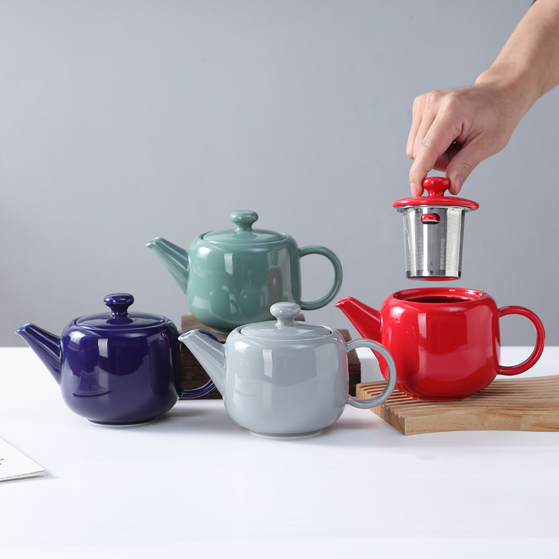 厂家直销色釉大容量现代简约过滤茶壶304不锈钢滤网单人茶壶