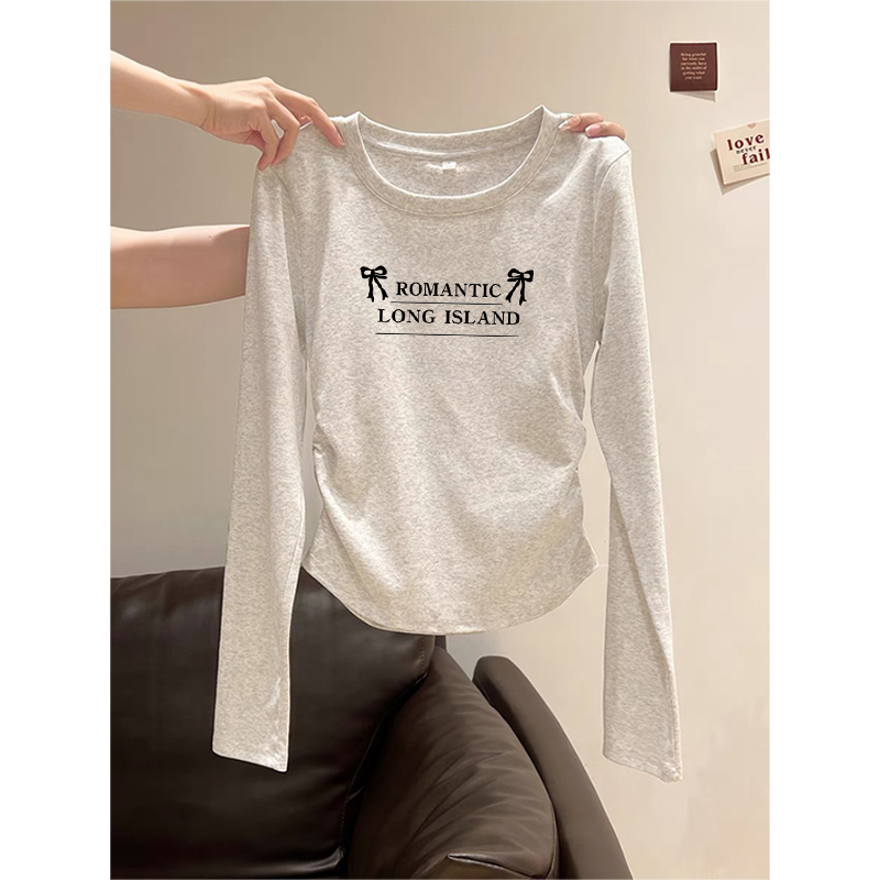 白灰色圆领正肩长袖T恤春季2025新款两侧褶皱收腰修身内搭打底衫