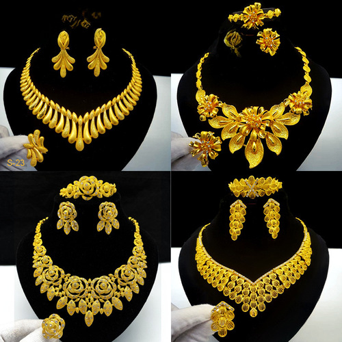 Dubai Jewelry 24k Gold Plated Bridal Accessories Set Necklace Earrings Middle Eastern Dubai Gold Wedding Jewelry Four-Piece Set