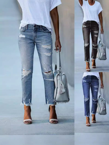Source Origin Amazon Wish Cross-border Independent Store Women's Slimming Solid Color Easy-to-Wear Hole Straight Leg Jeans