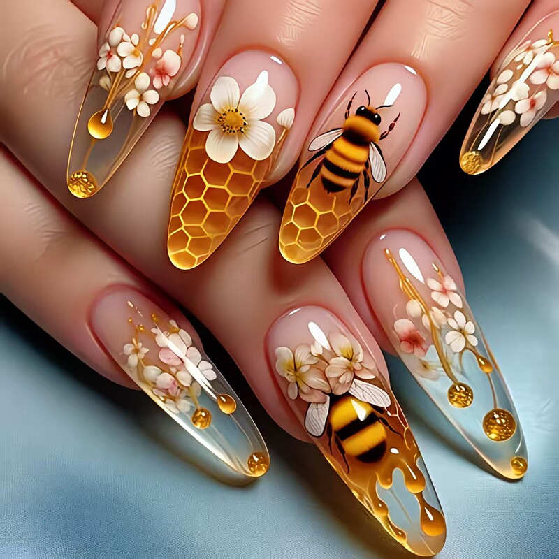 Cross-Border New Style Golden Flower 3D Bee Cute and Fashionable Fake Nails Removable 24-Piece Nail Stickers