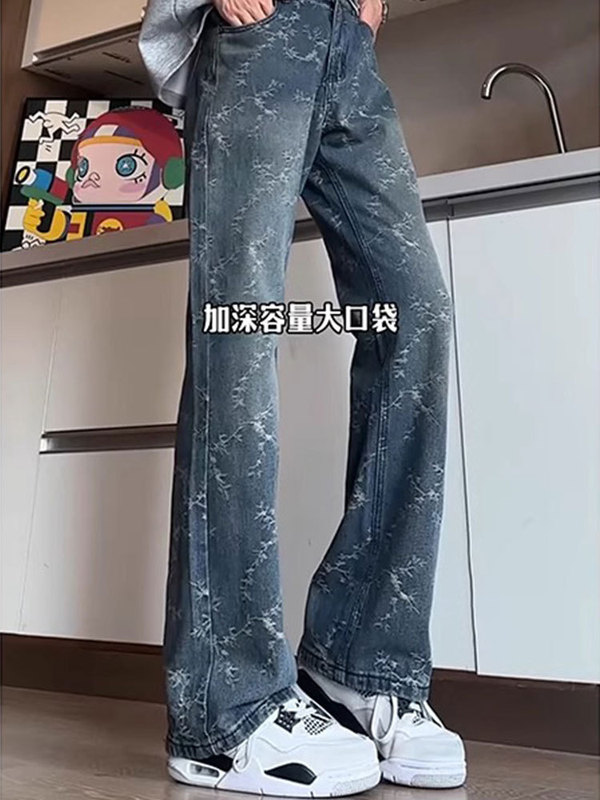 黑色荆棘提花牛仔裤男款夏季痞帅高级感微喇裤子美式高街vibe长裤|undefined