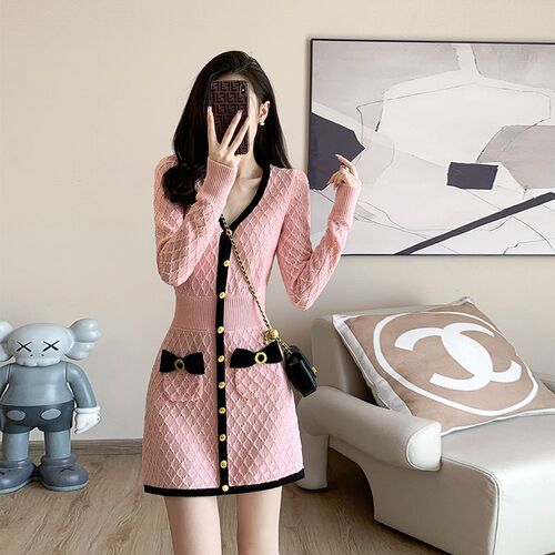 Spring and Autumn New Chanel Style Collar Long-Sleeve Bow Knit Dress with Sensual Waist Cinching Slimming Inner Sweater