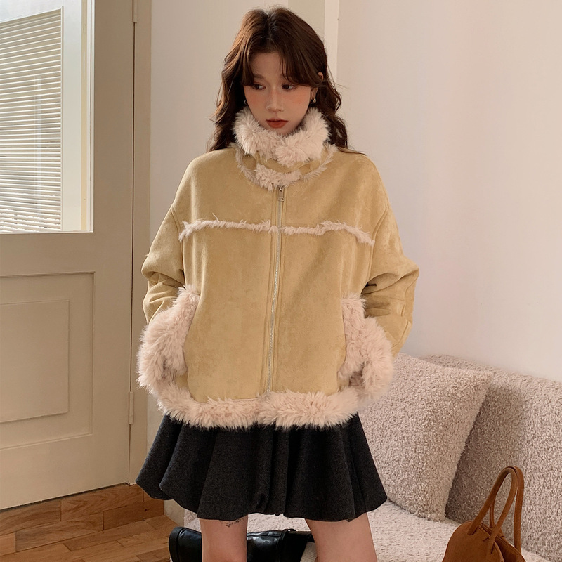 Original Korean Style Patchwork Color-Blocking Thick Coat for Women 2026 Winter Sweet and Fresh Zipper Jacket for Women