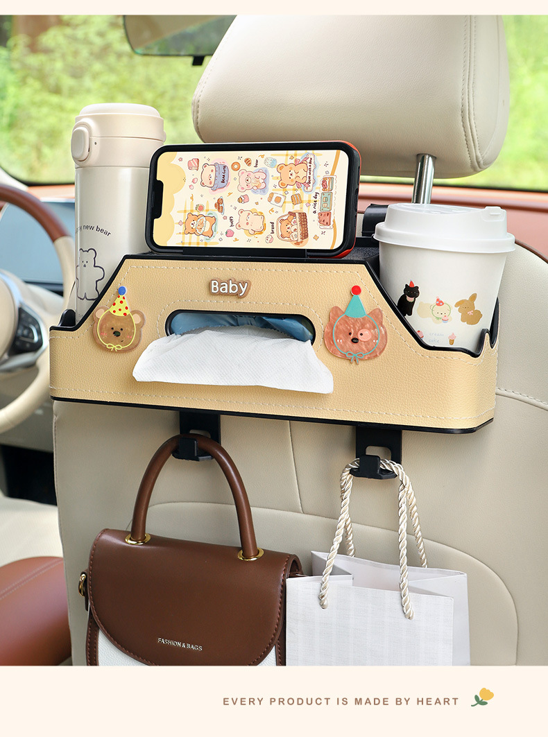 Car Tissue Box Car Seat Back Multi-Functional Storage Box Cartoon Cute Rear Storage Rack Water Cup Holder for Women