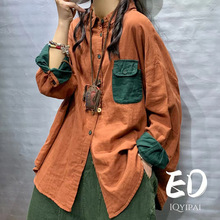 ed7212棉麻料撞色设计款宽松百搭长袖衬衫女2024新款文艺衬衣潮