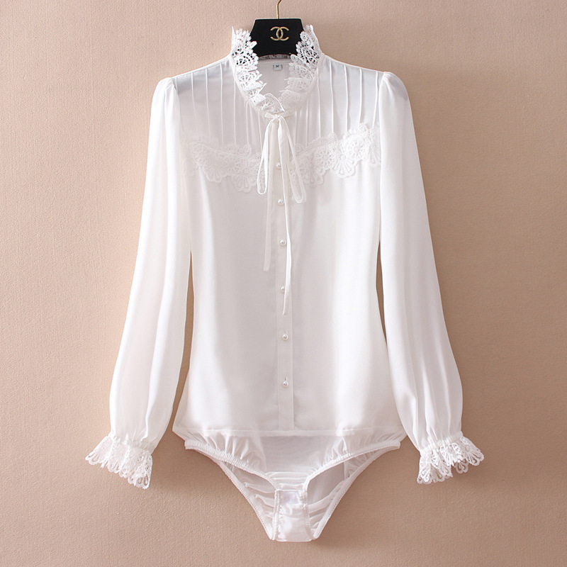 Lace-trimmed, elegant French-style chiffon blouse with puff sleeves, white one-piece shirt with built-in crotch for women