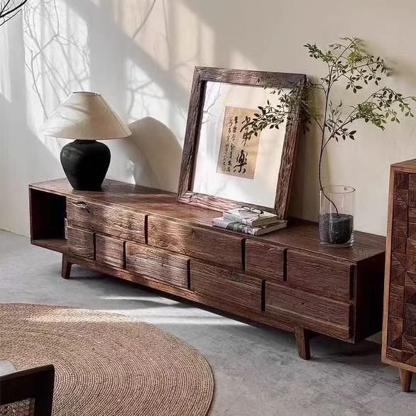 Wabi-Sabi Style Old Elm Tv Cabinet Living Room Wall Tv Cabinet Solid Wood Retro Old Drawer Storage Cabinet
