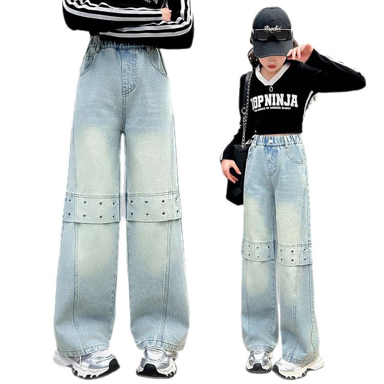 "Distressed Denim Wide-Leg Jeans For Girls Raw Hem Detail, Mid-Rise Stretch Waist, Comfortable Cotton Blend (120cm, 130cm, 140cm, 150cm, 160cm 170cm)_voghion.com
