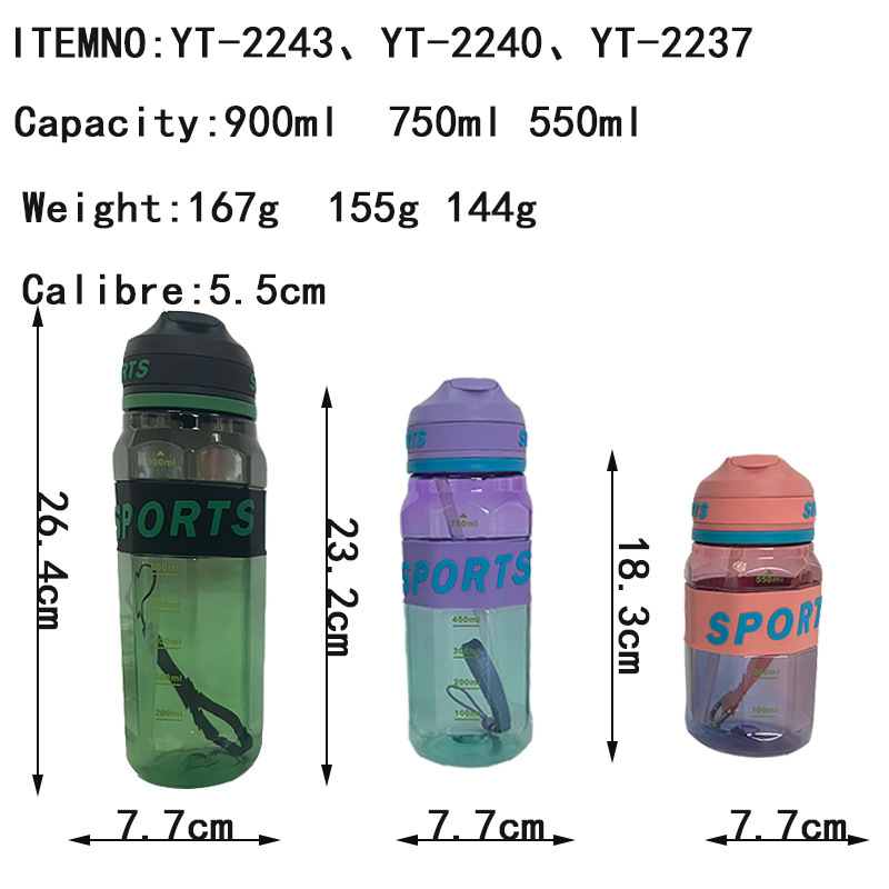 Nueva botella de agua de color transparente, pajita de alto valor, taza de agua de plástico, cuerda portátil, deportes al aire libre, botella de fitness