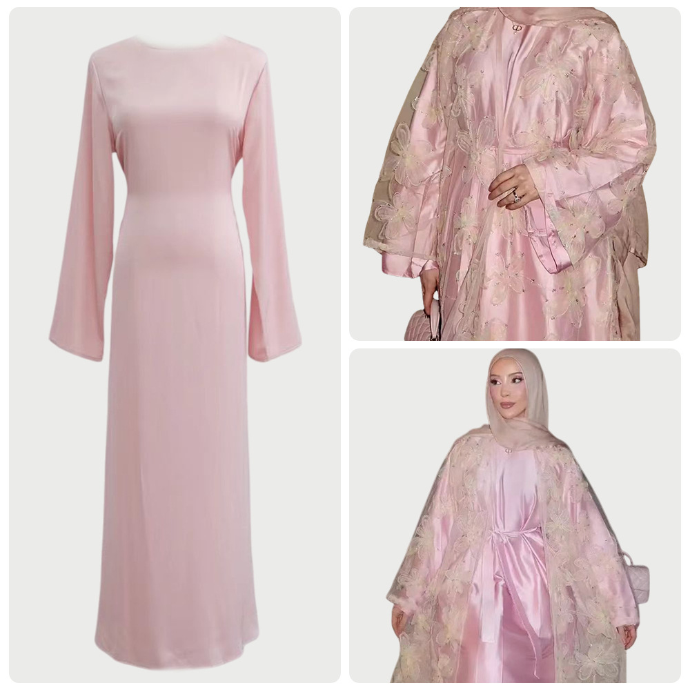 Women's Pink Embroidered Cardigan Robe Dress Innerwear Set Tie Waist Middle East Dubai 2025 Autumn New Fashion Muslim Clothing_ecoleips.com