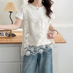 2025 Summer Lace Vest Plus Size Women's Layered Blouse Fat mm Embroidered T-Shirt Sleeveless Light and Thin Top 8306